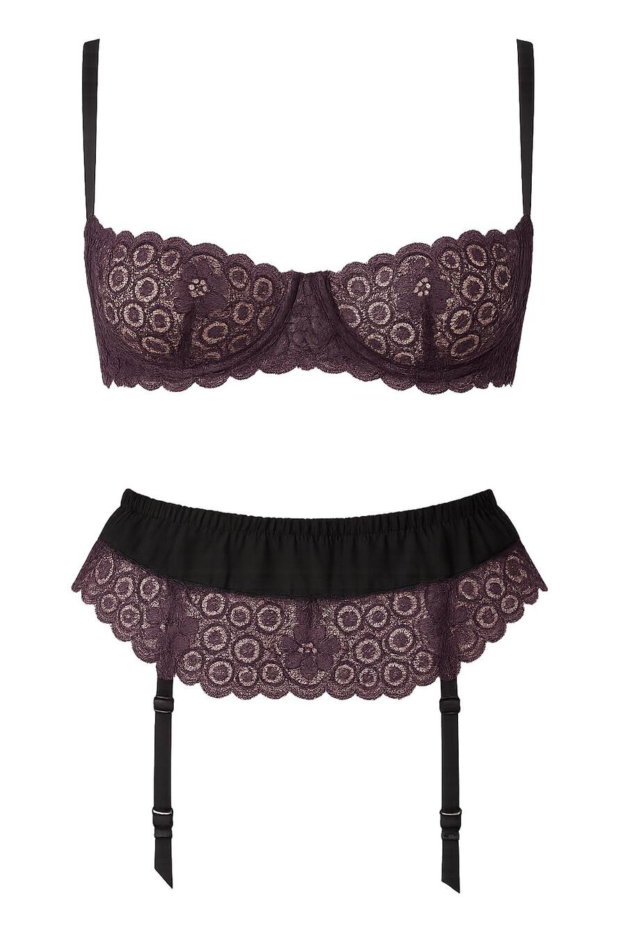 Vintage ESCANTE 2 pc lingerie set balconette bra garter belt purple lace small s